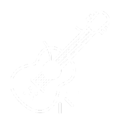 Drawing of a guitar with a broken string and sad face